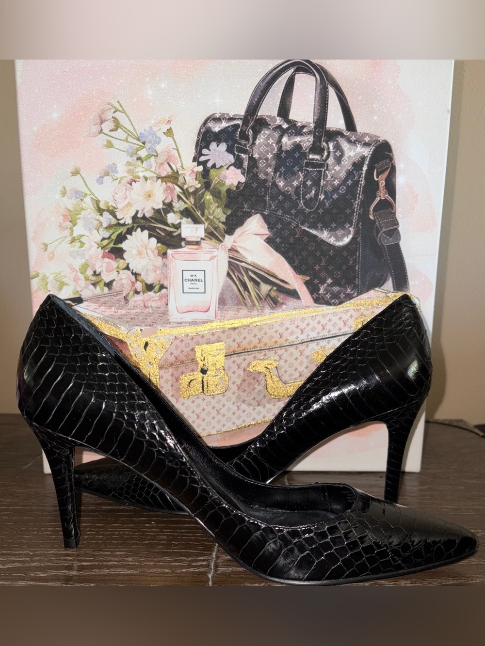 Ralph Lauren Black Crocodile-Texture Pointed-Toe Stiletto Heels